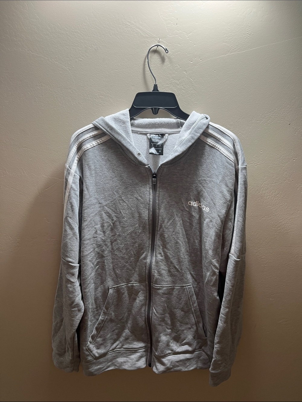 adidas Men’s Light Gray Full-Zip Hooded Jacket with Three Stripes